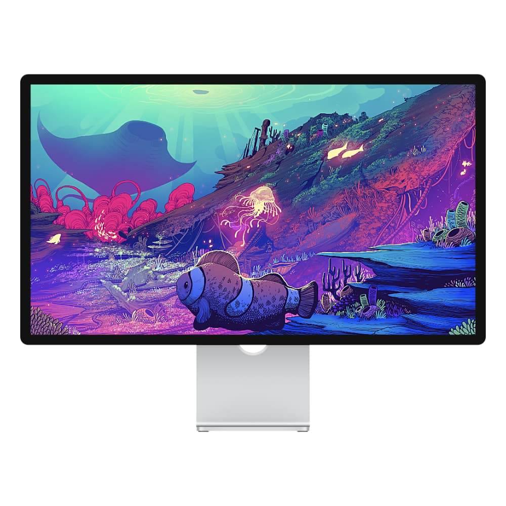 Monitor do Mac mostrando uma ilustração vibrante do fundo do mar com detalhes brilhantes em neon