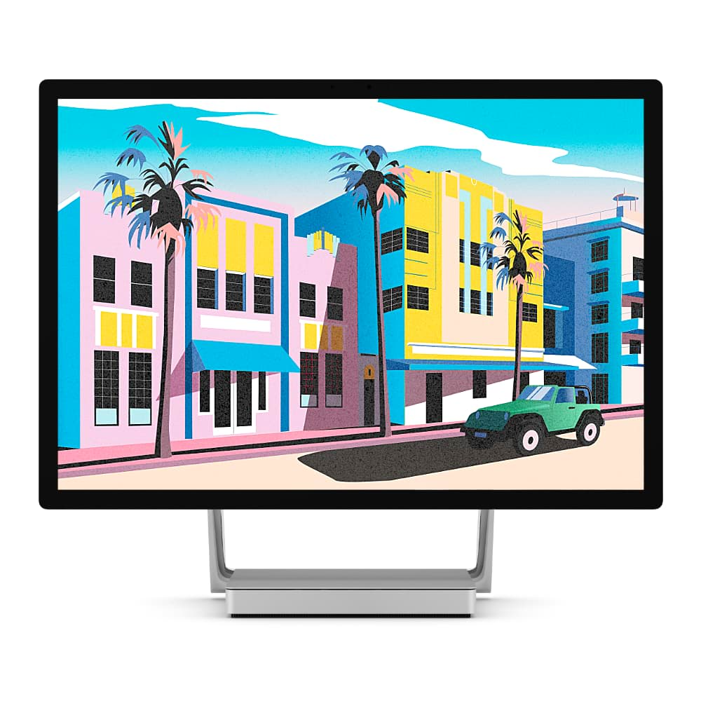 Windows display showing artwork featuring pink, yellow and blue buildings and a green jeep parked on a palm-tree-lined street