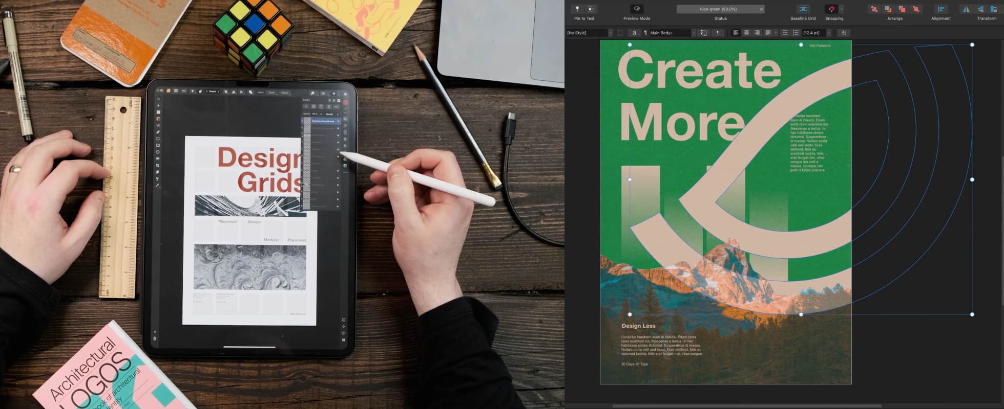 Apple Pencil being used to edit a Design Grids layout in Affinity Publisher for iPad