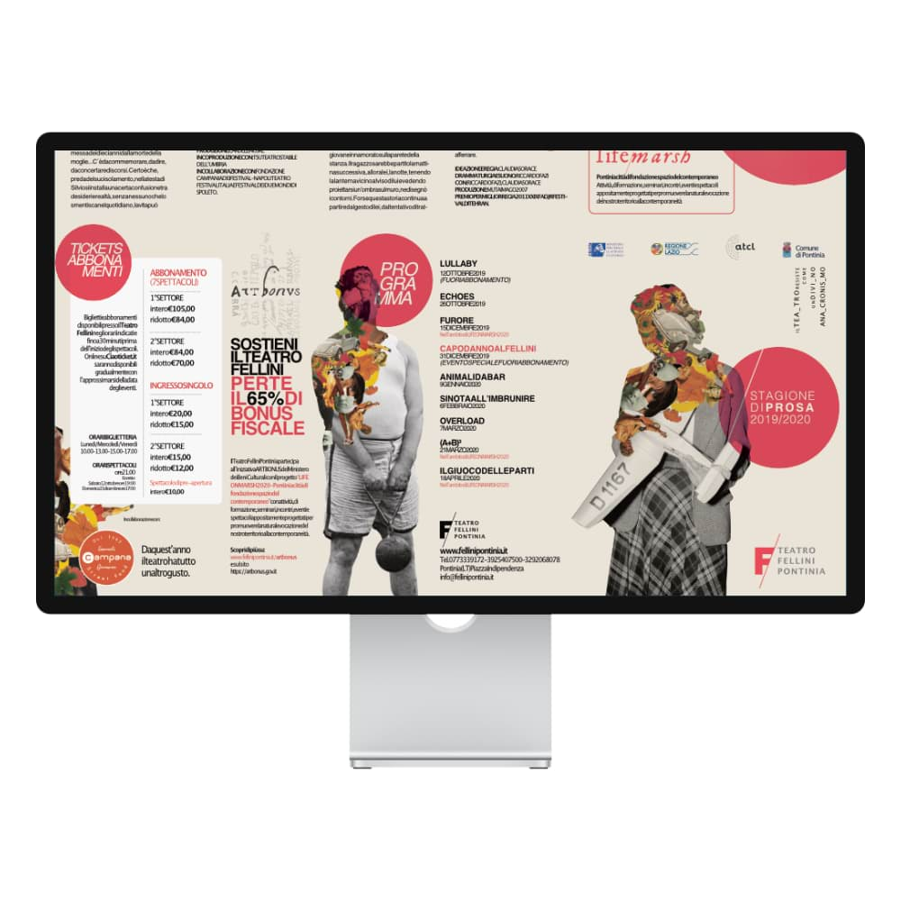 Mac display showing the beige and pink digital brochure of an Italian theatre company